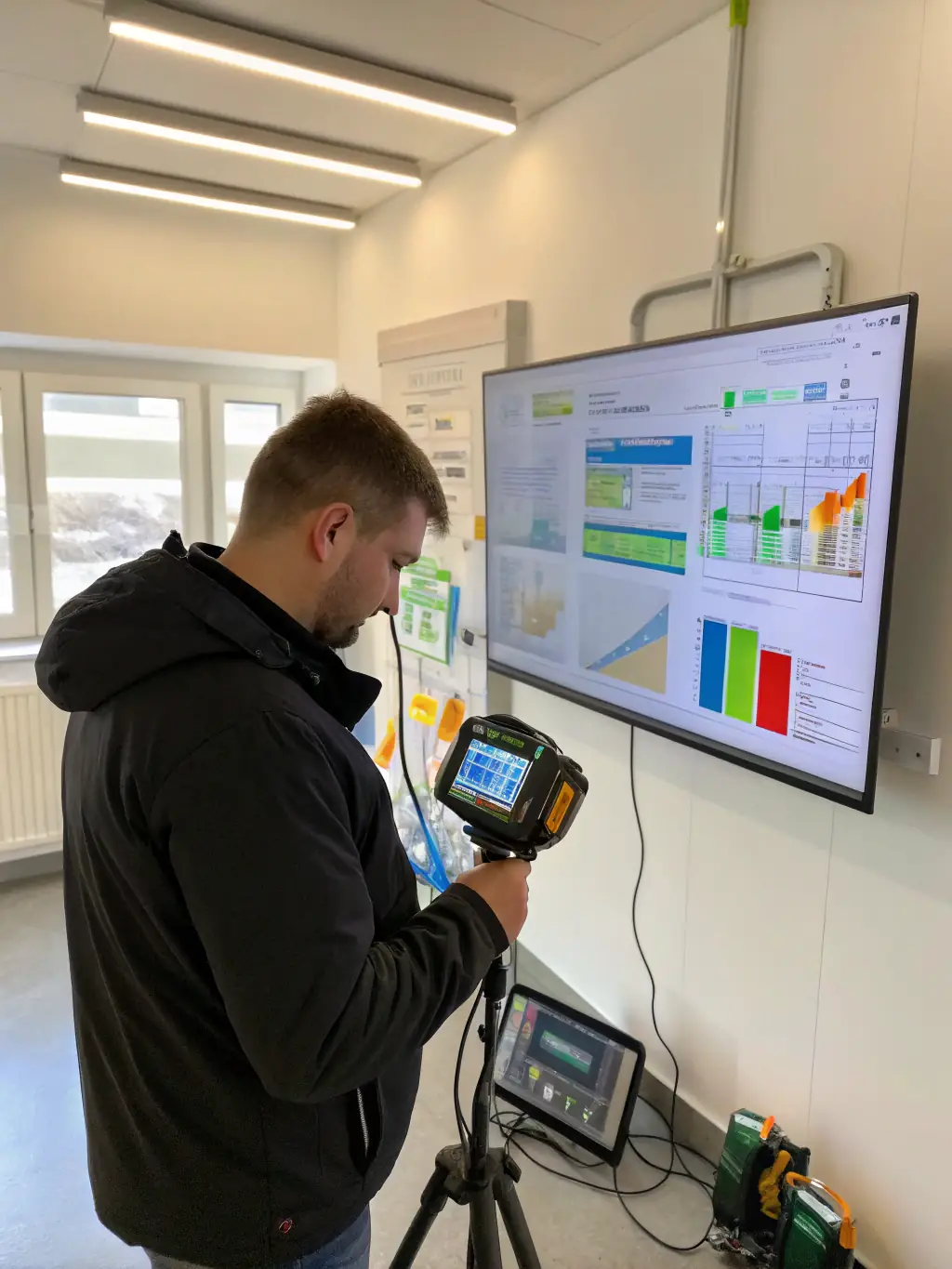 A visual representation of ESCOPOWER conducting an energy efficiency assessment, featuring technicians using specialized equipment to evaluate building performance and identify areas for improvement.
