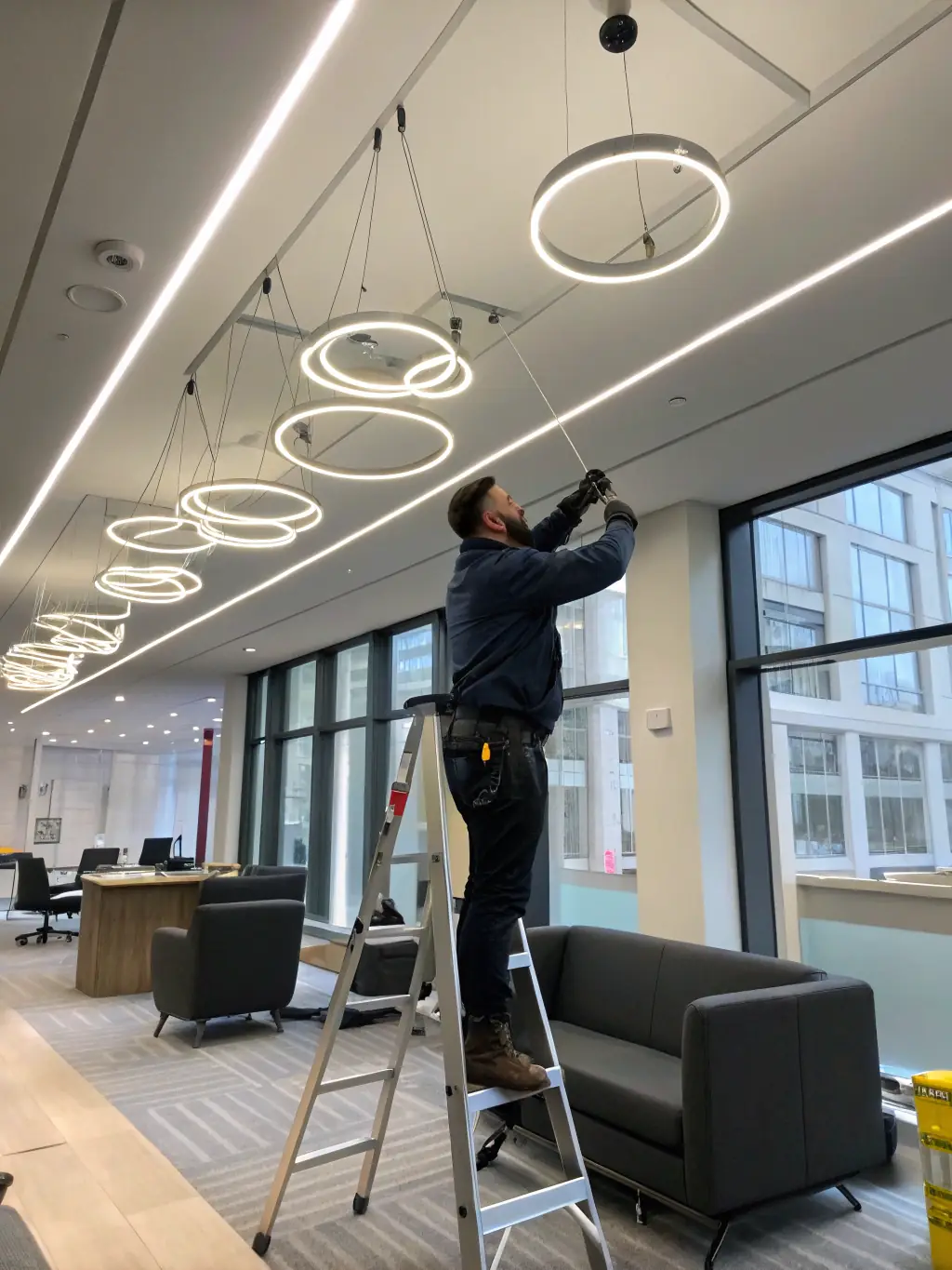 An image illustrating ESCOPOWER's funded improvement projects, showcasing energy-efficient lighting, HVAC systems, and other upgrades being installed in a commercial facility.