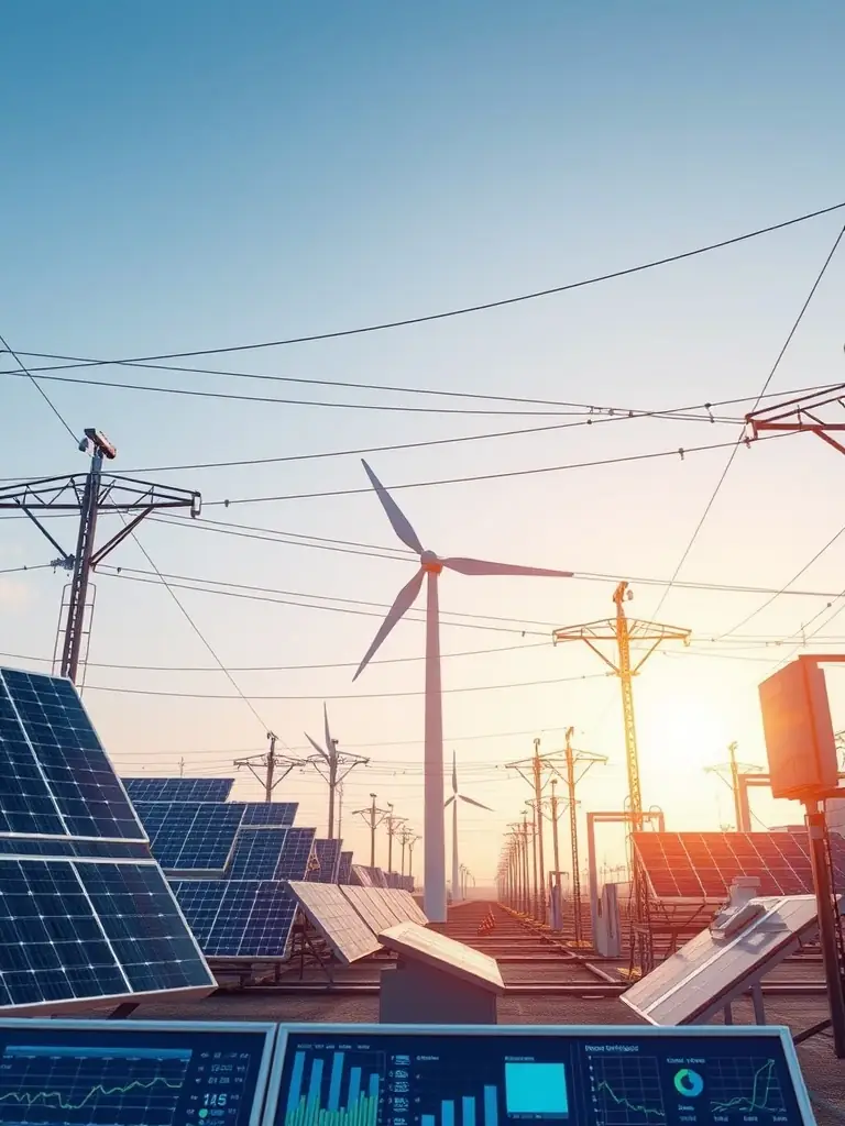 An image depicting ESCOPOWER's retail supply services, showing a power grid with renewable energy sources integrated, emphasizing cost-effective and sustainable energy procurement.